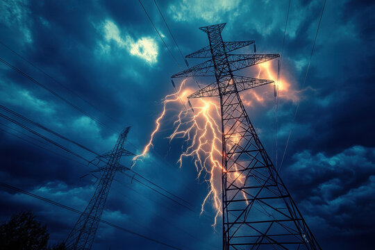 Dramatic lightning strikes illuminate towering power lines against a stormy sky, highlighting the immense energy and tension in the turbulent atmosphere.