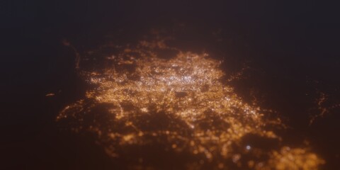 Street lights map of Kuala Lumpur (Malaysia) with tilt-shift effect, view from south. Imitation of macro shot with blurred background. 3d render, selective focus