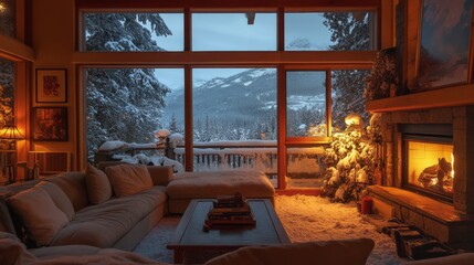 Cozy Living Room with Fireplace and Snowy Mountain View