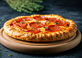 Thyme pastry pizza served in a cutting board on grey background arabian fastfood