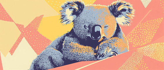 Sleeping Koala Bear in Abstract Geometric Pattern Background