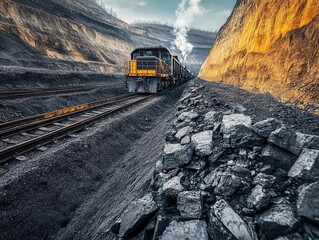 A dramatic scene of a coal train navigating through a rugged terrain, showcasing the power of industry and nature's beauty.