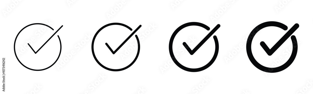 Poster check box icon with correct with different line width. approved symbol. accept checkmark icons green