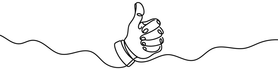 Minimalist vector illustration representing a thumb up, a symbol of approval, drawn with one continuous line
