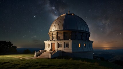 Obraz premium A prominent telescope atop a hill, ready for stargazing against a backdrop of open skies