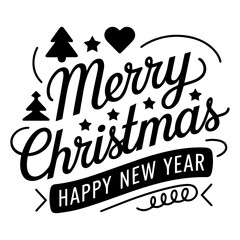 Black and white Merry Christmas text vector illustration.