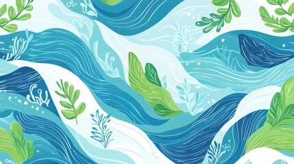 Obraz premium A calming nature-inspired seamless pattern featuring flowing waves, fish, and seaweed, in shades of blue and green, ideal for beach-themed products or relaxing home decor