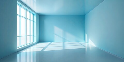 Obraz premium Sunbeams through a window casting long shadows on a smooth blue floor in a minimalist room