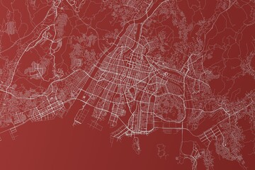 Map of the streets of Hiroshima (Japan) made with white lines on red background. Top view. 3d render, illustration
