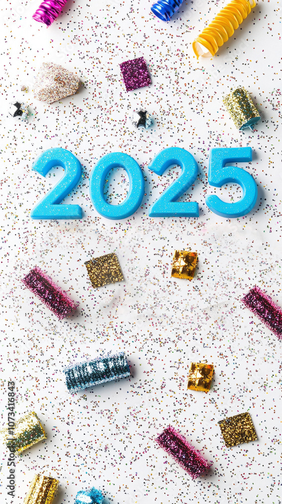 Poster a blue number twenty five is surrounded by confetti and other colorful objects