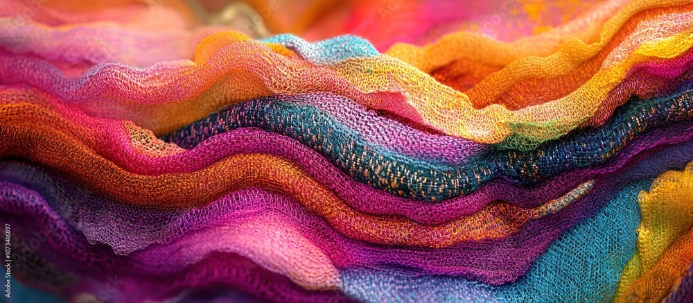 Poster abstract colorful fabric texture with vibrant hues and layered folds, creating a wavy, dynamic patte