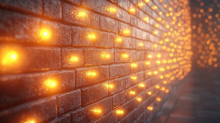 A close-up view of a brick wall adorned with warm, glowing lights for ambiance.