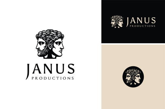 Two Faces Sculpture of Janus God, Ancient Roman Myth logo design