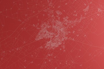 Map of the streets of Faisalabad (Pakistan) made with white lines on red paper. Top view, rough background. 3d render, illustration