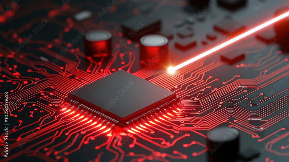 Poster glowing red circuit board with microchip and laser beam creates futuristic atmosphere. intricate des