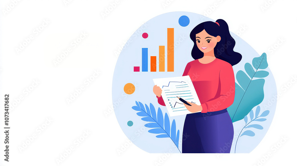 Poster business woman working with financial documents and charts, analyzing data trends and statistics. sh