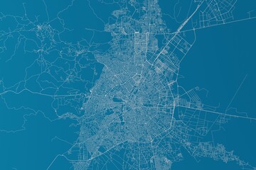 Map of the streets of Konya (Turkey) made with white lines on blue background. 3d render, illustration