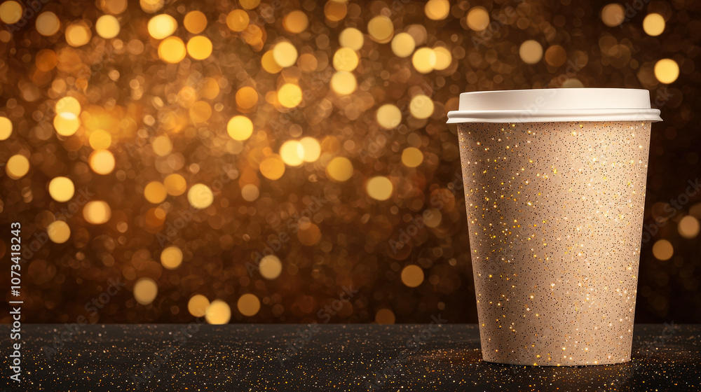 Aufkleber close up of empty hot cup with sparkling golden background, creating festive and warm atmosphere. cu