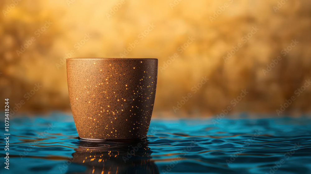 Aufkleber close up of empty hot cup resting on reflective surface, surrounded by tiny lights, creating warm an