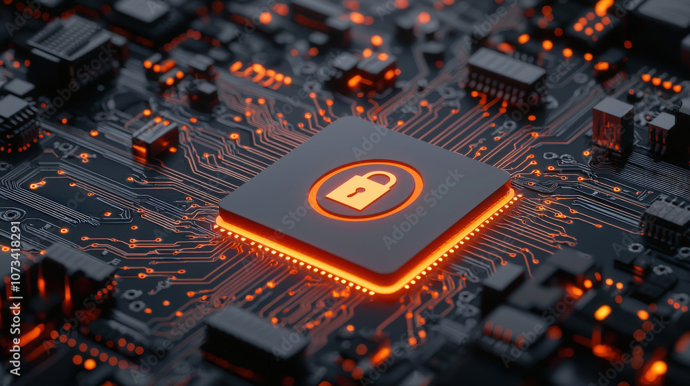 Poster digital technology background featuring padlock icon on circuit board, symbolizing cybersecurity and