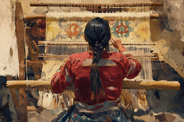 Artisan Weaving a Traditional Tapestry in Desert Setting