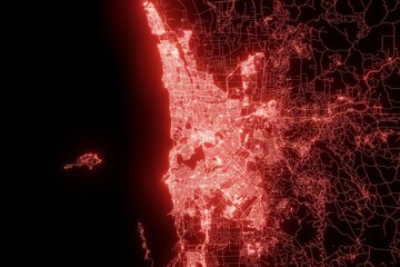 Street map of Perth (Australia) made with red illumination and glow effect. Top view on roads network. 3d render, illustration