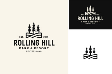 Silhouette of three pines tree similar with evergreen fir conifer spruce cedar larch cypress. Forest Rolling Hill Landscape classic vintage logo design