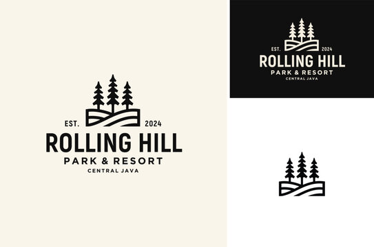 Silhouette of three pines tree similar with evergreen fir conifer spruce cedar larch cypress. Forest Rolling Hill Landscape classic vintage logo design