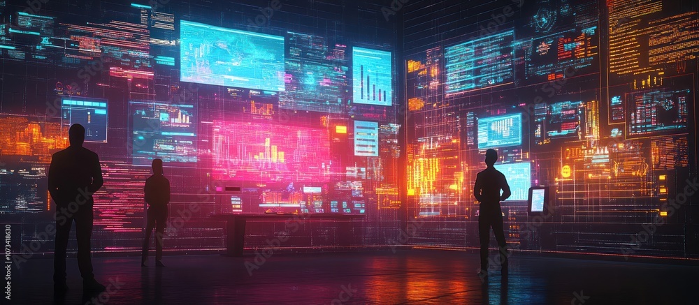 Poster three people stand in a dark room surrounded by glowing computer screens displaying data and informa