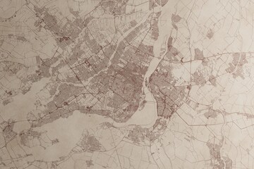Map of Montreal (Canada) on an old vintage sheet of paper. Retro style grunge paper with light coming from right. 3d render