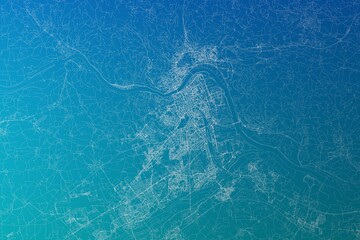 Map of the streets of Linz (Austria) made with white lines on greenish blue gradient background. 3d render, illustration