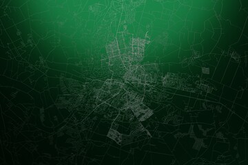 Street map of Grodno (Belarus) engraved on green metal background. Light is coming from top. 3d render, illustration