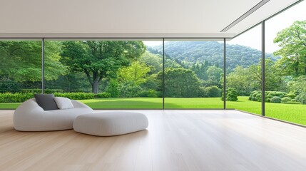 Fototapeta premium Modern minimalist room with panoramic view of lush green landscape, AI