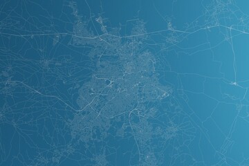 Map of the streets of Nicosia (Cyprus) made with white lines on blue paper. Rough background. 3d render, illustration