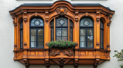 A Victorian-style bay window with elegant wooden carvings, isolated on a white background