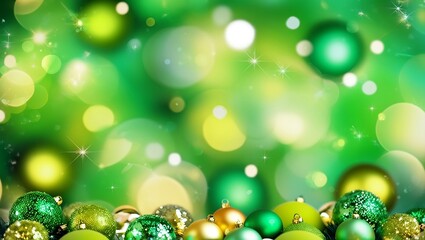 Luxurious green and gold Christmas baubles with glittering texture against a magical bokeh background, perfect for holiday season designs