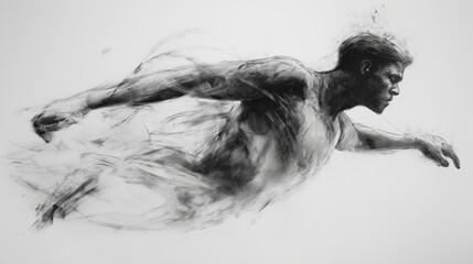 A delicate charcoal drawing of a human figure in a dynamic pose, with soft shading and expressive lines