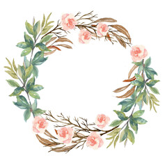 Winter plants, berries, flowers, leaves, branches in green and brown Watercolor wreath