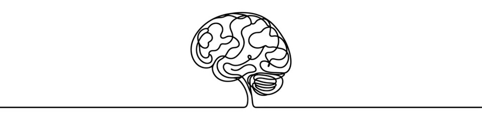 One continuous line illustration of a human brain, isolated on white background. Line art of human brain