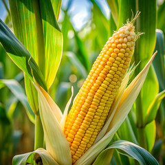 A fresh, golden corn stalk, featuring green husks