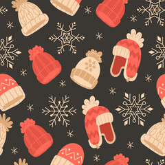 Seamless pattern with winter Christmas hats and snowflakes