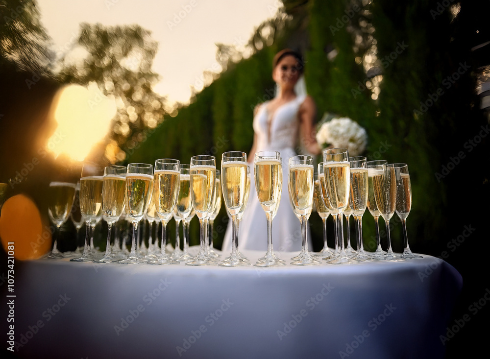 Poster a row of champagne flutes sit on a white tablecloth, with a blurry bride standing behind them in the