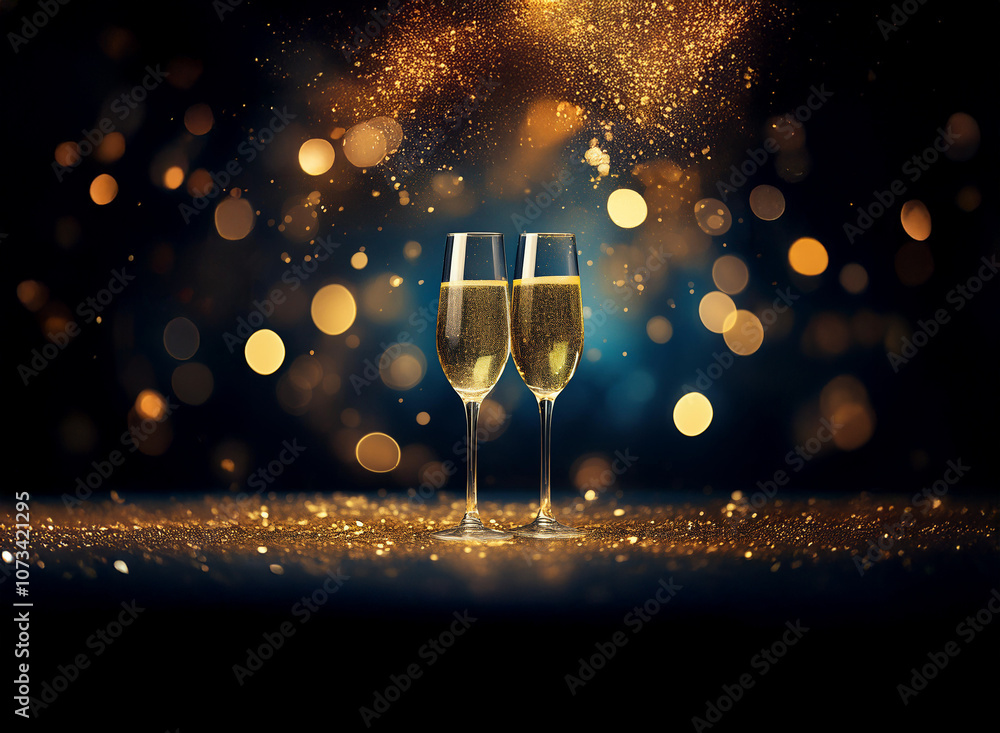 Poster two champagne flutes filled with bubbly sit on a glittery surface against a dark background with bok