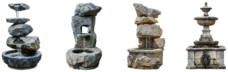 Stone water features in various styles displaying natural beauty isolated on transparent background