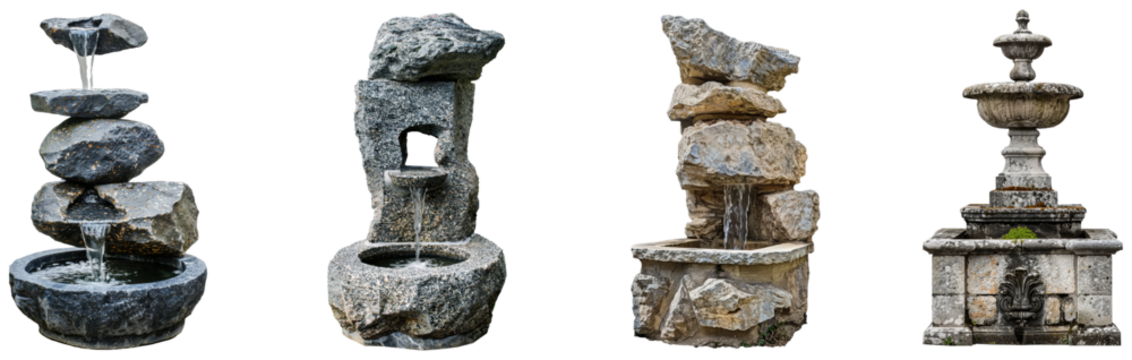 Stone water features in various styles displaying natural beauty isolated on transparent background