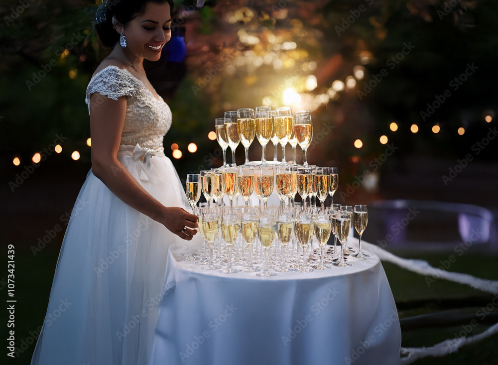 Poster a bride in a white gown smiles as she reaches for a glass of champagne from a pyramid of glasses. th