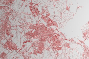 Map of the streets of Amsterdam (Netherlands) made with red lines on white paper. 3d render, illustration