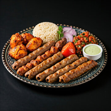 Assorted mix grills with chicken tikka, beef kabab, mutton kebab, wings, boti, malai, chop, shish tawook served in dish, arabic food