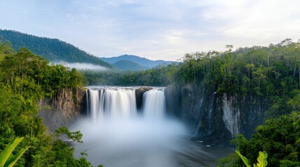 Obraz premium A breathtaking waterfall cascades down rocky cliffs surrounded by lush greenery and misty mountains under a serene sky.