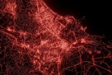 Street map of Gdansk (Poland) made with red illumination and glow effect. Top view on roads network. 3d render, illustration